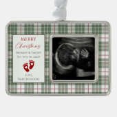 緑、白、赤の格子模様新生児超音波写真 シルバープレートフレームオーナメント (正面)