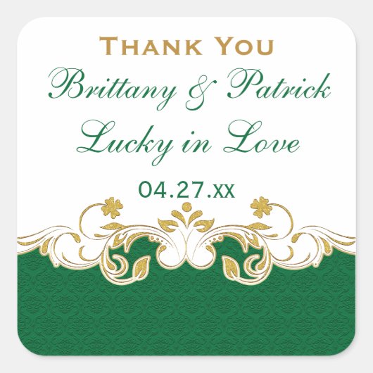 緑、白、金ゴールドスクロール結婚式の引き出物シール スクエアシール (正面)