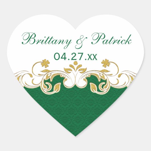 緑、白、金ゴールドスクロール結婚式の引き出物シール ハートシール (正面)