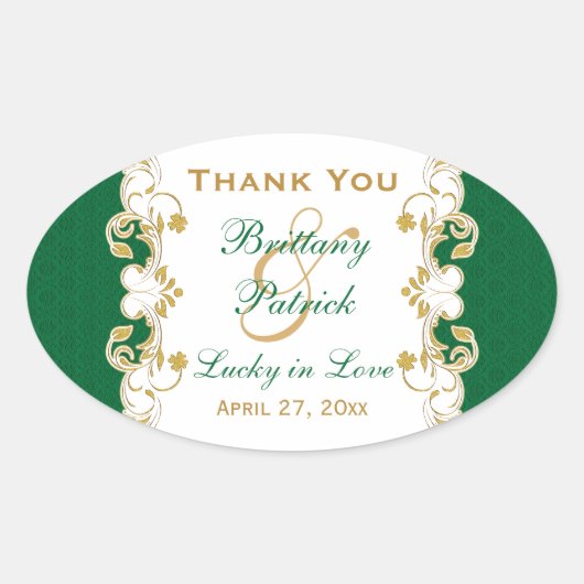 緑、白、金ゴールドスクロール結婚式の引き出物シール 楕円形シール (正面)