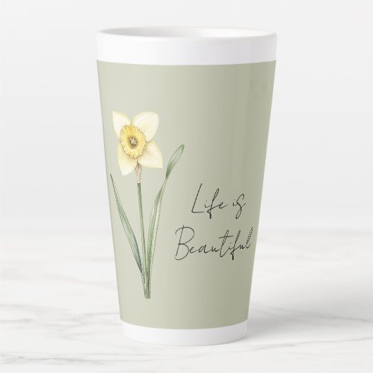 緑 白 黄の水仙の花 カフェラテマグ (正面)