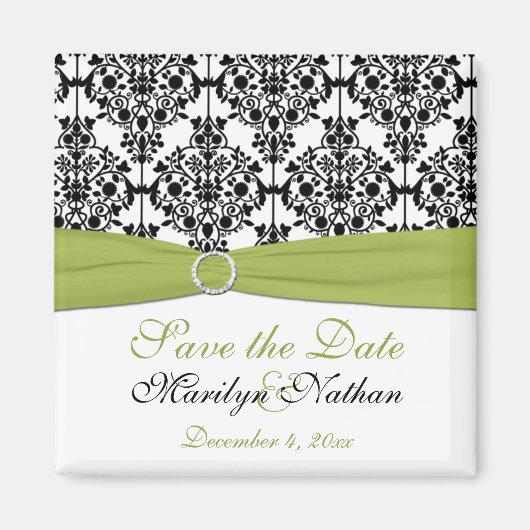 緑、白、黒のダマスクのウェディングマグネット マグネット (正面)