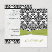 緑、白、黒のダマスクIII 返信カード 招待状 (正面/裏面)