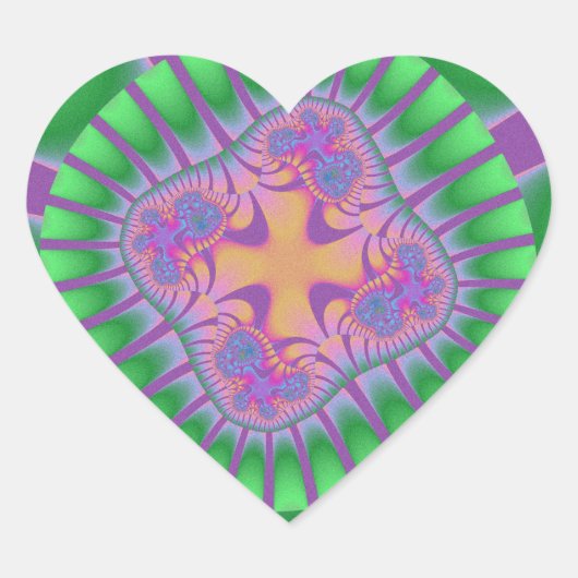 緑、紫、オレンジのフラクタル誕生日 ハートシール (正面)
