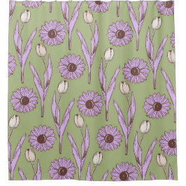 緑 紫 レトロ Y2K ファンキー ヒッピーフラワーパターン シャワーカーテン