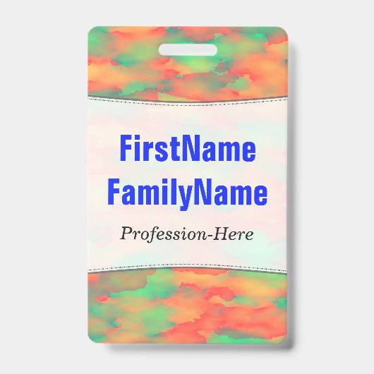 緑、赤い水彩画そっくりの抽象的なパターン; 名前 バッジ (Front)