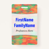 緑、赤い水彩画そっくりの抽象的なパターン; 名前 バッジ (正面)