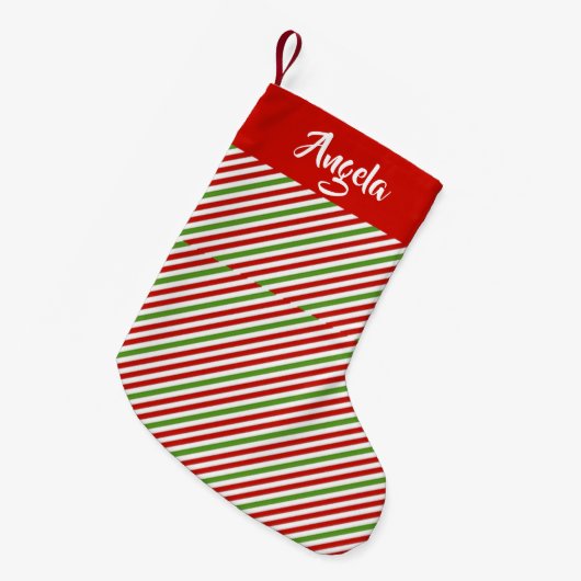 緑、赤と白ストライプ スモールクリスマスストッキング (正面 (吊り時))