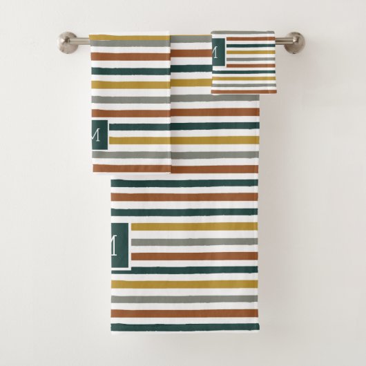 緑、赤、オレンジ色のストライプモノグラム バスタオルセット (インサイチュ)