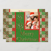 緑、赤、クリームキルティングのクリスマスフォトカード シーズンカード (正面/裏面)
