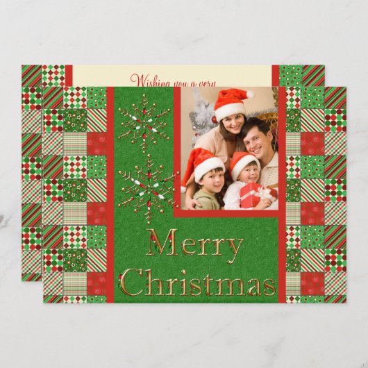緑、赤、クリームキルティングのクリスマスフォトカード シーズンカード (正面/裏面)