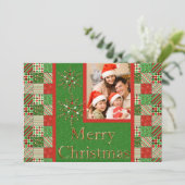 緑、赤、クリームキルティングのクリスマスフォトカード シーズンカード (スタンド正面)