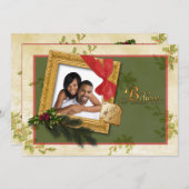 緑、赤、クリーム、金ゴールドクリスマスホリーフォトカード シーズンカード (正面/裏面)