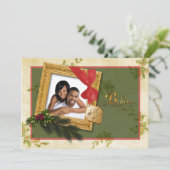 緑、赤、クリーム、金ゴールドクリスマスホリーフォトカード シーズンカード (スタンド正面)