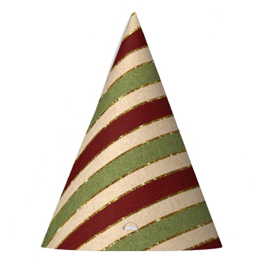緑、赤、古いフォイルのクリスマスパタストライプのーン パーティーハット (左)