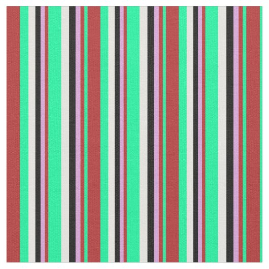緑、赤、梅、黒、白の色のストライプ ファブリック (クローズアップ)