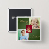 緑、赤、金ゴールドクリスマスツリーの写真ボタン 缶バッジ (正面&裏面)