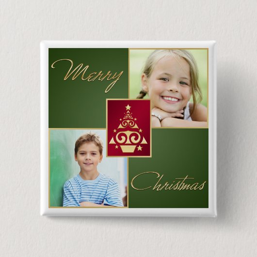 緑、赤、金ゴールドクリスマスツリーの写真ボタン 缶バッジ (正面)