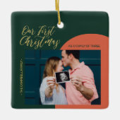緑、赤、金ゴールドモダン初めてのクリスマスフォトCer セラミックオーナメント (正面)