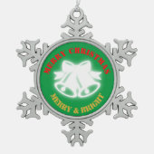 緑・赤・金ゴールド・メリークリスマス | スノーフレークピューターオーナメント (正面)