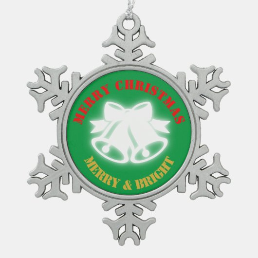 緑・赤・金ゴールド・メリークリスマス | スノーフレークピューターオーナメント (正面)