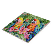 緑、赤、青のオウムと熱帯花 タイル (側面)