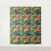 緑、赤、青のオウムと熱帯花 タペストリー (正面)