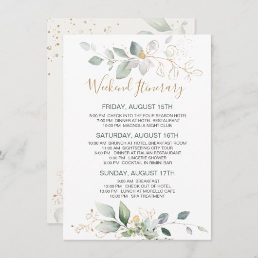 緑、金ゴールドの葉のバチェロレッテ週末の日程 (正面/裏面)
