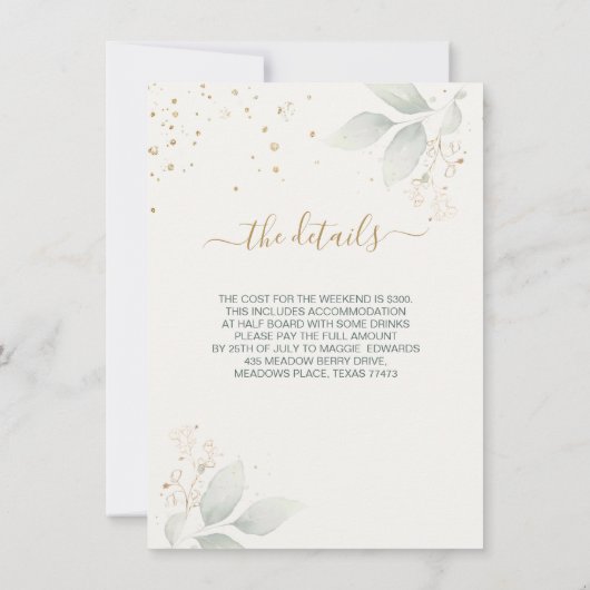 緑、金ゴールドの葉のバチェロレッテ週末の日程 (裏面)