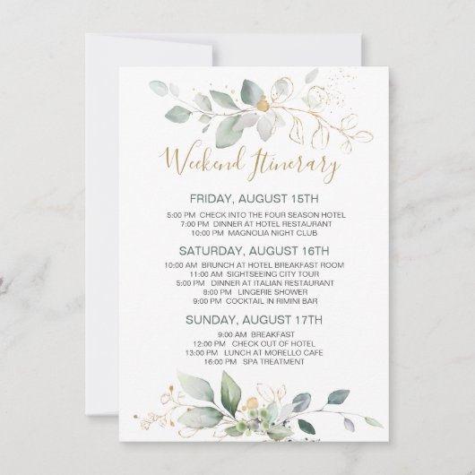 緑、金ゴールドの葉のバチェロレッテ週末の日程 (正面)