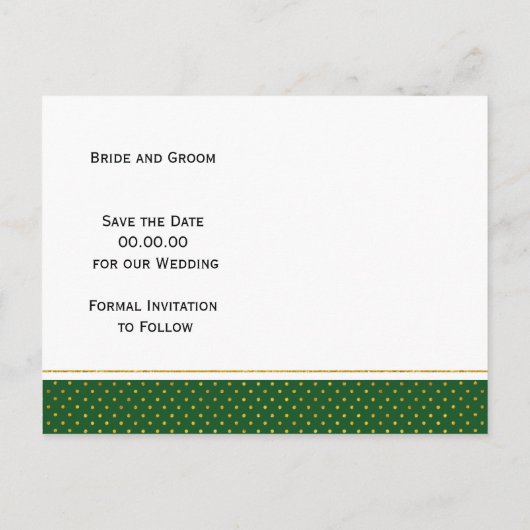 緑、金ゴールドの葉トロピカルな結婚式の日付を保存 案内ポストカード (裏面)
