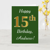 緑、金ゴールドフェイク15誕生日+名前をカスタムする カード (黄色い花)