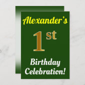 緑、金ゴールドフェイク1st誕生日お祝い+名前 招待状 (正面/裏面)