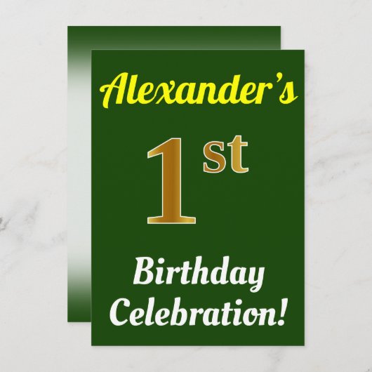 緑、金ゴールドフェイク1st誕生日お祝い+名前 招待状 (正面/裏面)