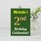 緑、金ゴールドフェイク2回目の誕生日お祝い+名前 招待状 (スタンド正面)