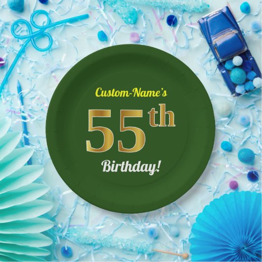緑、金ゴールドフェイク55番目の誕生日+名前をカスタムする ペーパープレート (パーティー)