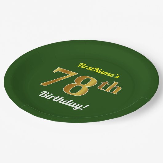 緑、金ゴールドフェイク78誕生日+名前をカスタムする ペーパープレート (アングル)