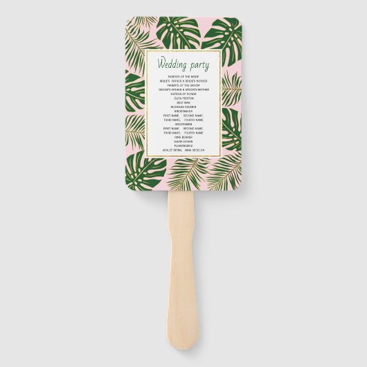 緑、金ゴールド葉熱帯ピンクの結婚式 ハンドファン (裏面)