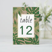 緑、金ゴールド葉熱帯結婚のテーブル番号 招待状 (スタンド正面)