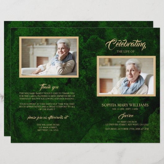 緑・金ゴールド葬式プログラム |サービスの順序 (正面/裏面)