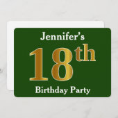 緑、金ゴールド18フェイク歳の誕生日パーティー+名前をカスタムする 招待状 (正面/裏面)