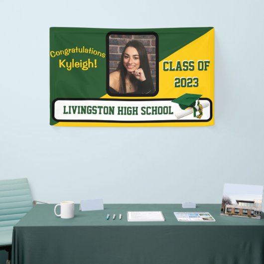 緑、金ゴールド、白の卒業 横断幕 (トレードショー)
