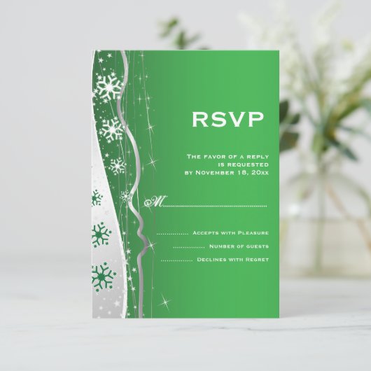 緑、銀の灰色のスノーフレーク冬の結婚式RSVP 出欠カード (スタンド正面)