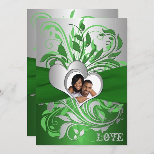 緑、銀製スクロール、ハートの写真の結婚式の招待 招待状 (正面/裏面)
