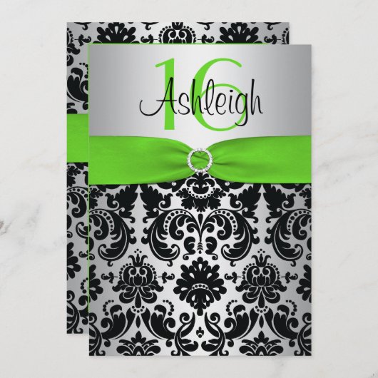緑、銀、黒いダマスク織の菓子16の招待状 招待状 (正面/裏面)