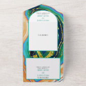 緑、青、桃の瑪瑙、金ゴールドフォイルの結婚地球 オールインワン招待状 (外側)