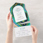 緑、青、桃の瑪瑙、金ゴールドフォイルの結婚地球 オールインワン招待状 (貼ってはがせる)