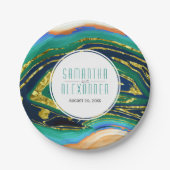 緑、青、桃の金ゴールドフォイル瑪瑙、フレーム結婚ズ ペーパープレート (正面)