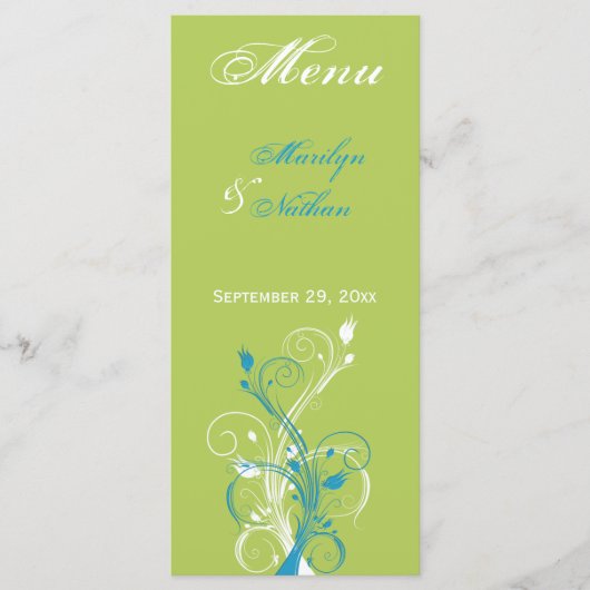 緑、青、白のフローラ・メニュー・カード メニュー (正面)