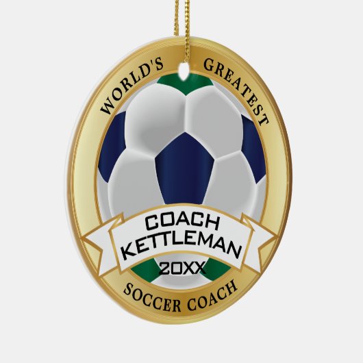 緑、青、白の世界最高のサッカーコーチ セラミックオーナメント (右)